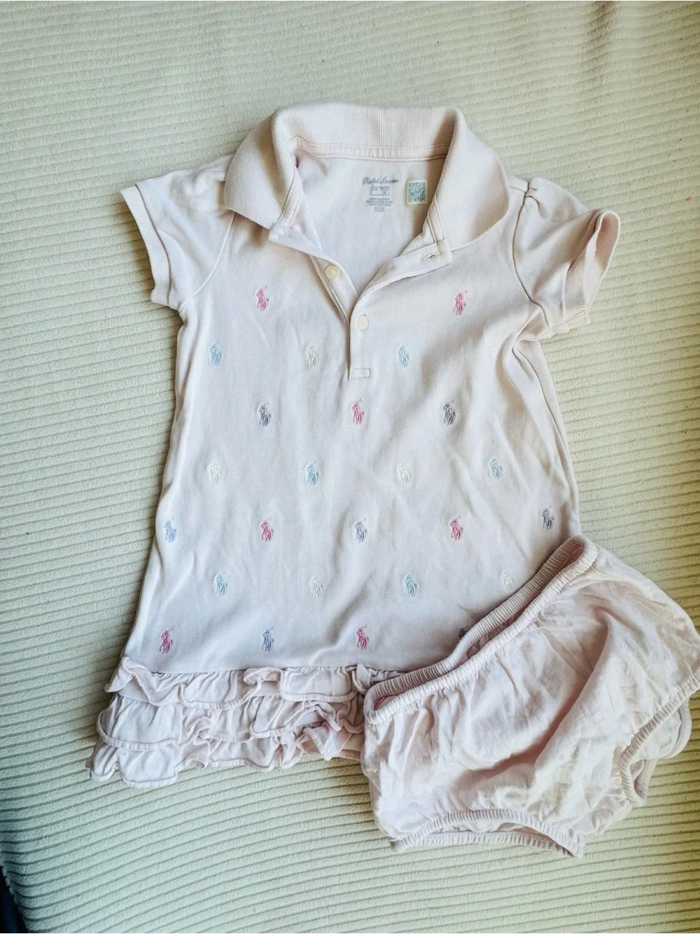 Ralph Lauren Pale Pink Polo Ruffle Baby Dress with ponies and bloomer 24 mo GUC